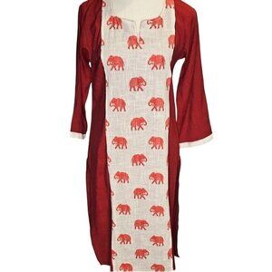 Boho Red Kurta Tunic Dress with Elephant Colorblock Animal Print With Slits
